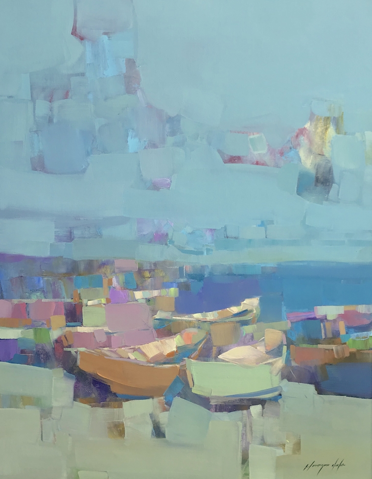 Boats on the Shore, Original oil Painting, Handmade artwork